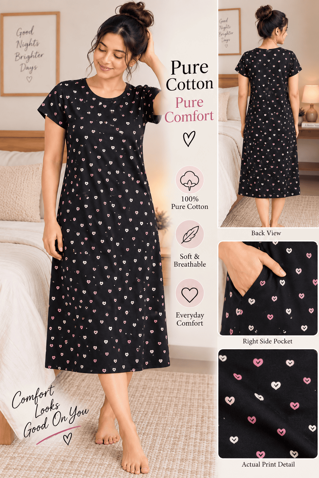 Pure Cotton Heart Print Midi| Black