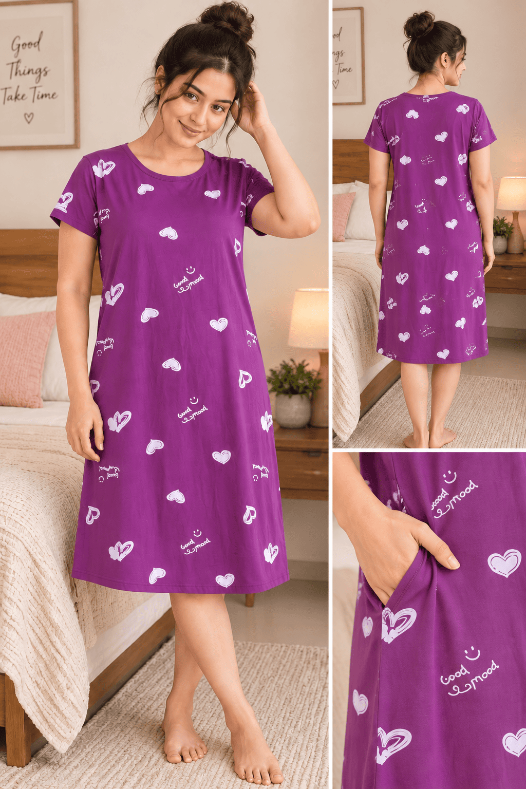 Pure Cotton Good mood Print Midi| Purple