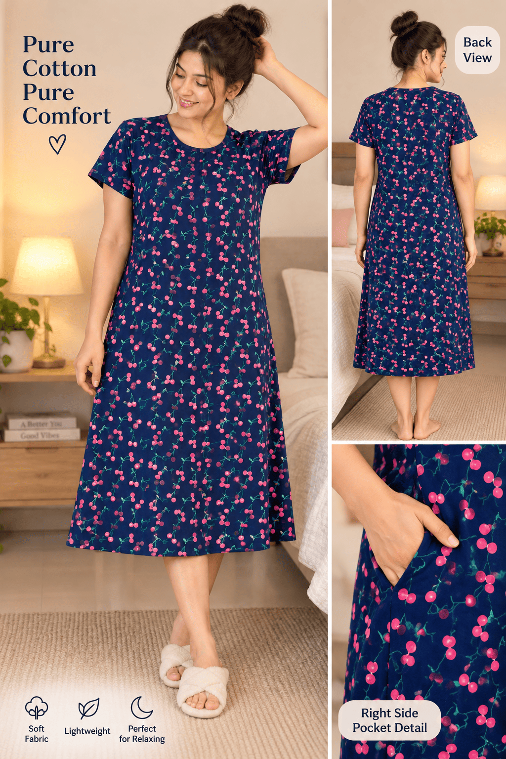 Pure Cotton Strawberry Print Midi| Blue