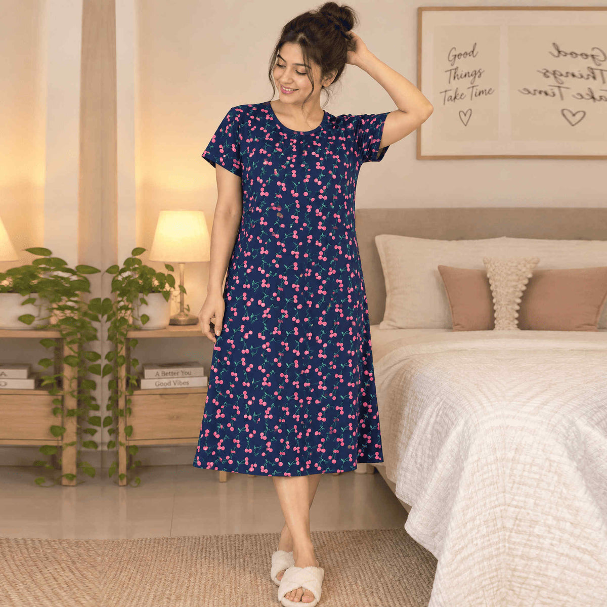 Knee Length Pure Cotton Night Dress(Midi)