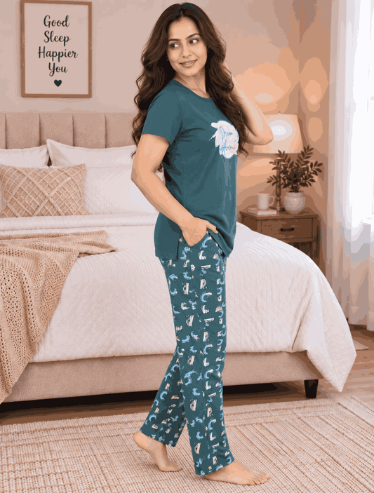 Women's Cotton Nightsuit Set | Dream Avenue Print | Greyish Green Color