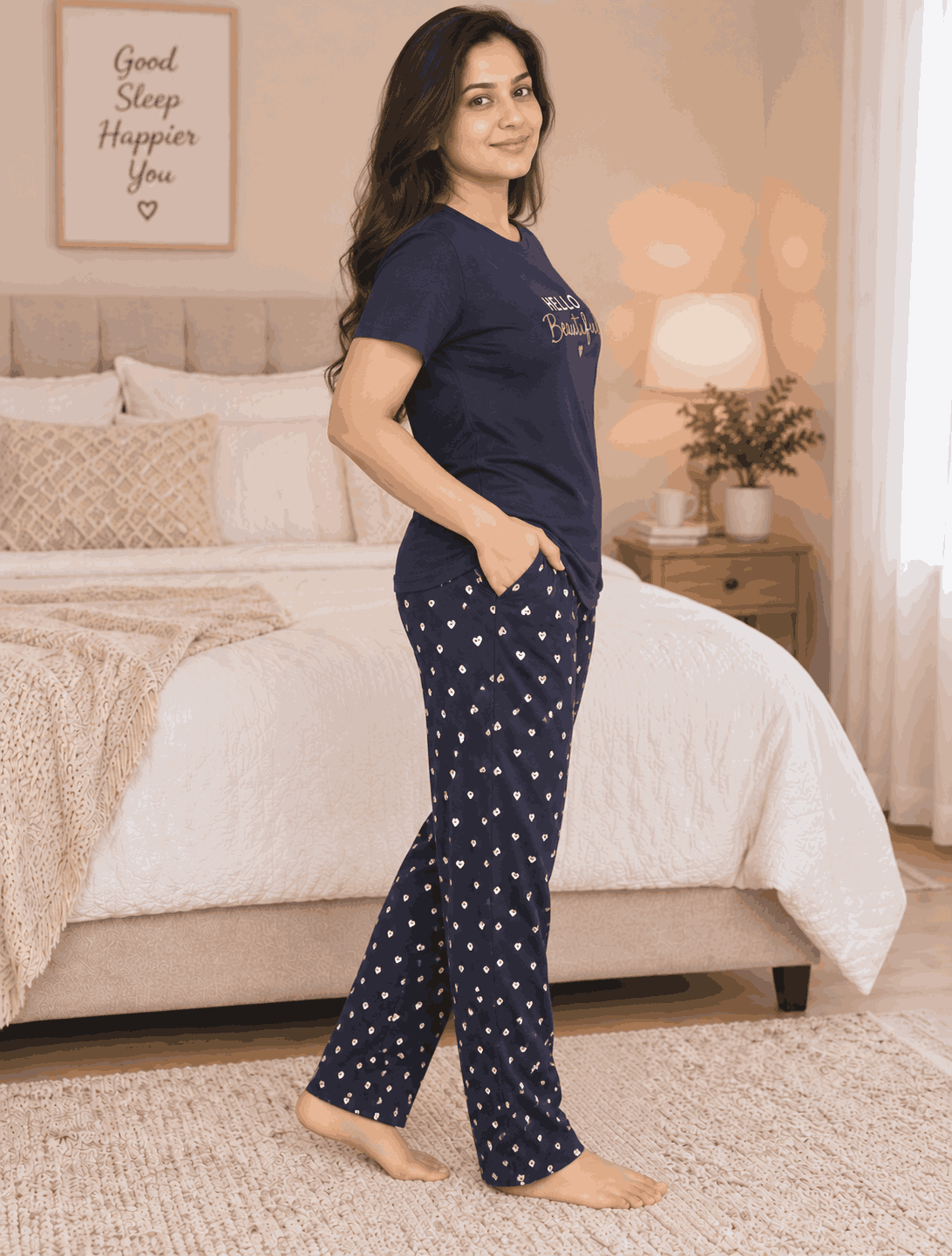Women's Cotton Nightsuit Set | Hello Beautiful Print | Black Color