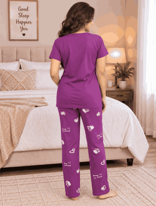 G29Fashion Women's Pure Cotton Nightsuit Set – Hello Gorgeous Print|Purple