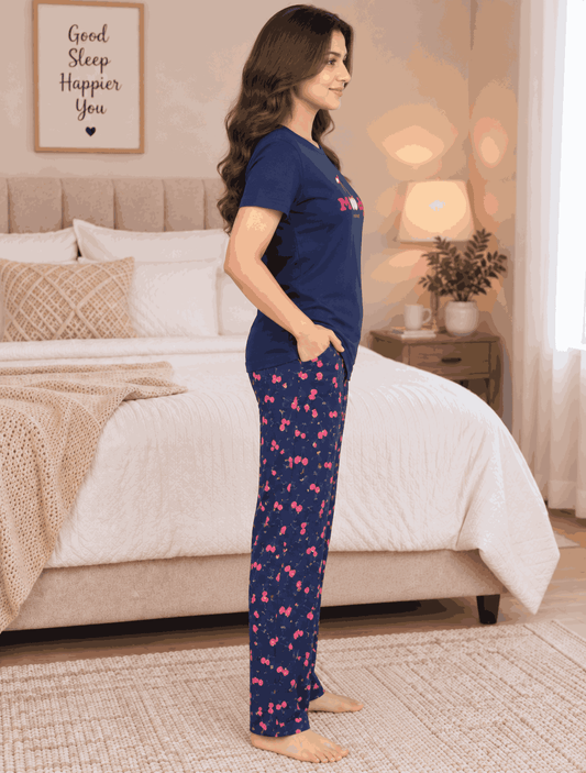 Women's Cotton Nightsuit Set | Moody Print | Blue Color