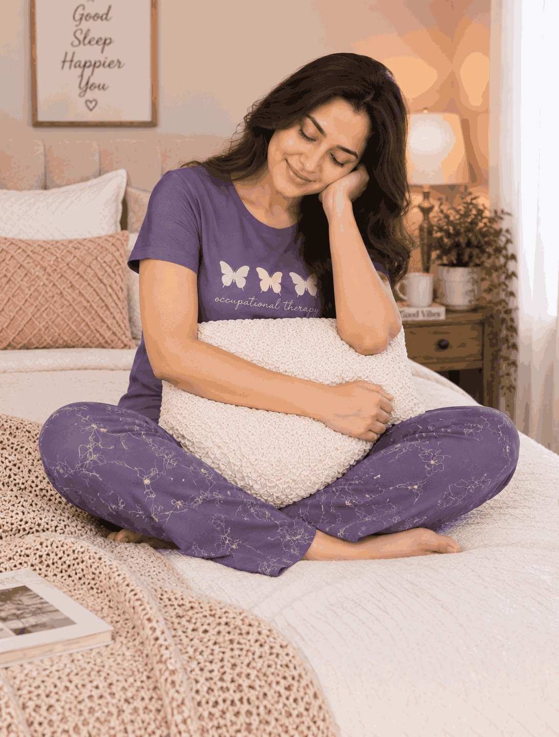 Women's  Cotton Nightsuit Set | Butterfly Print  | Onion Color
