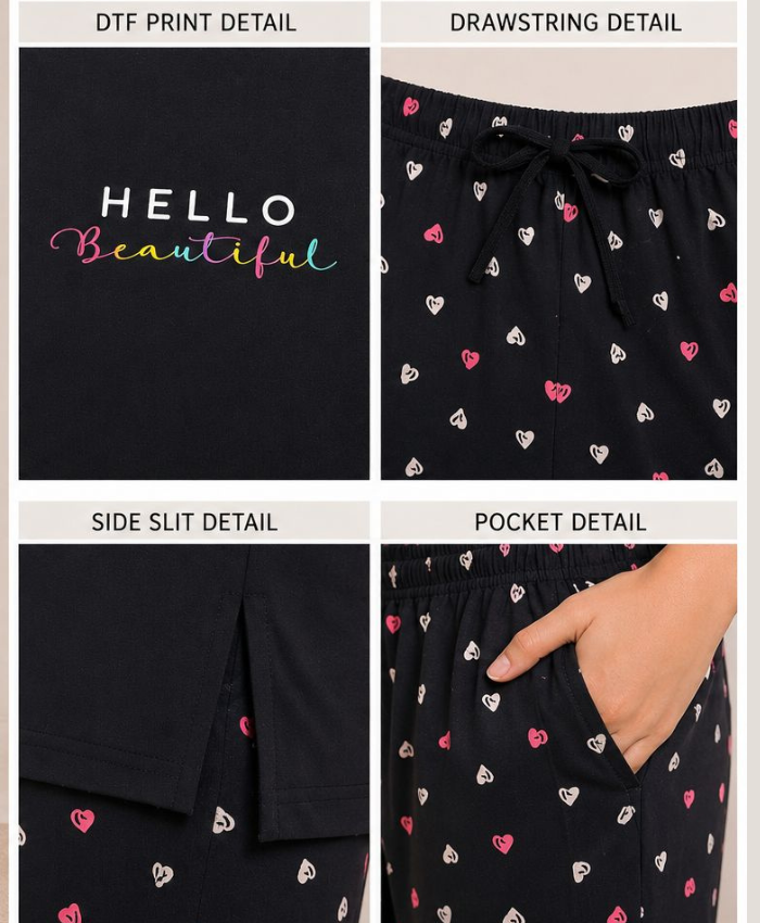 Women's Cotton Nightsuit Set | Hello Beautiful Print | Black Color