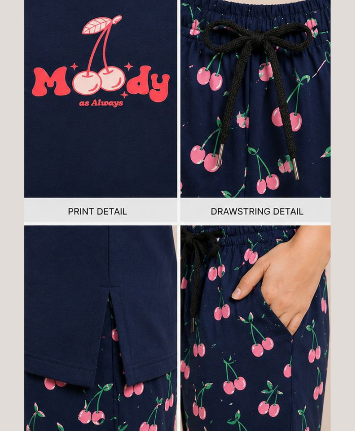 Women's Cotton Nightsuit Set | Moody Print | Blue Color
