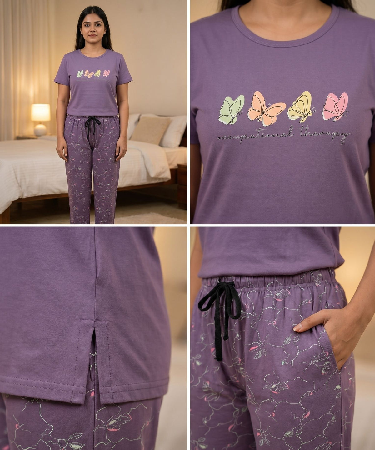 Women's  Cotton Nightsuit Set | Butterfly Print  | Onion Color
