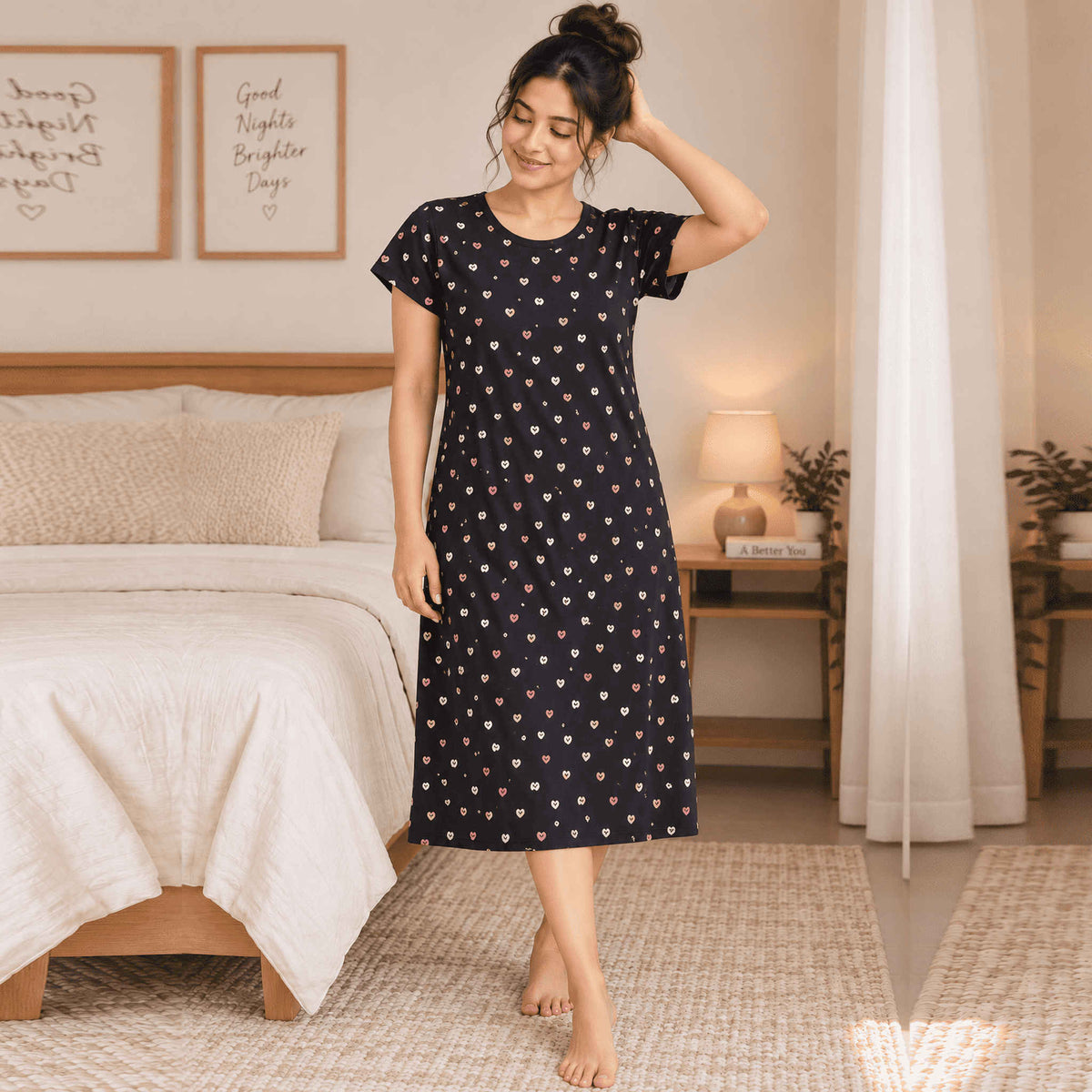 Pure Cotton Heart Print Midi| Black