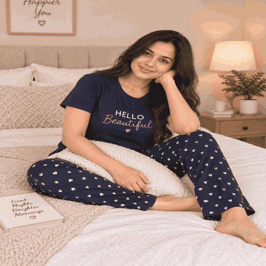 Women's Cotton Nightsuit Set | Hello Beautiful Print | Black Color