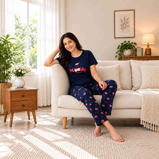 Women's Cotton Nightsuit Set | Moody Print | Blue Color