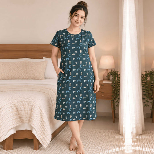 Pure Cotton Abstract Print Midi| Greyish Green