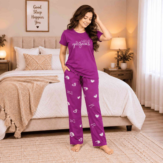 G29Fashion Women's Pure Cotton Nightsuit Set – Hello Gorgeous Print|Purple