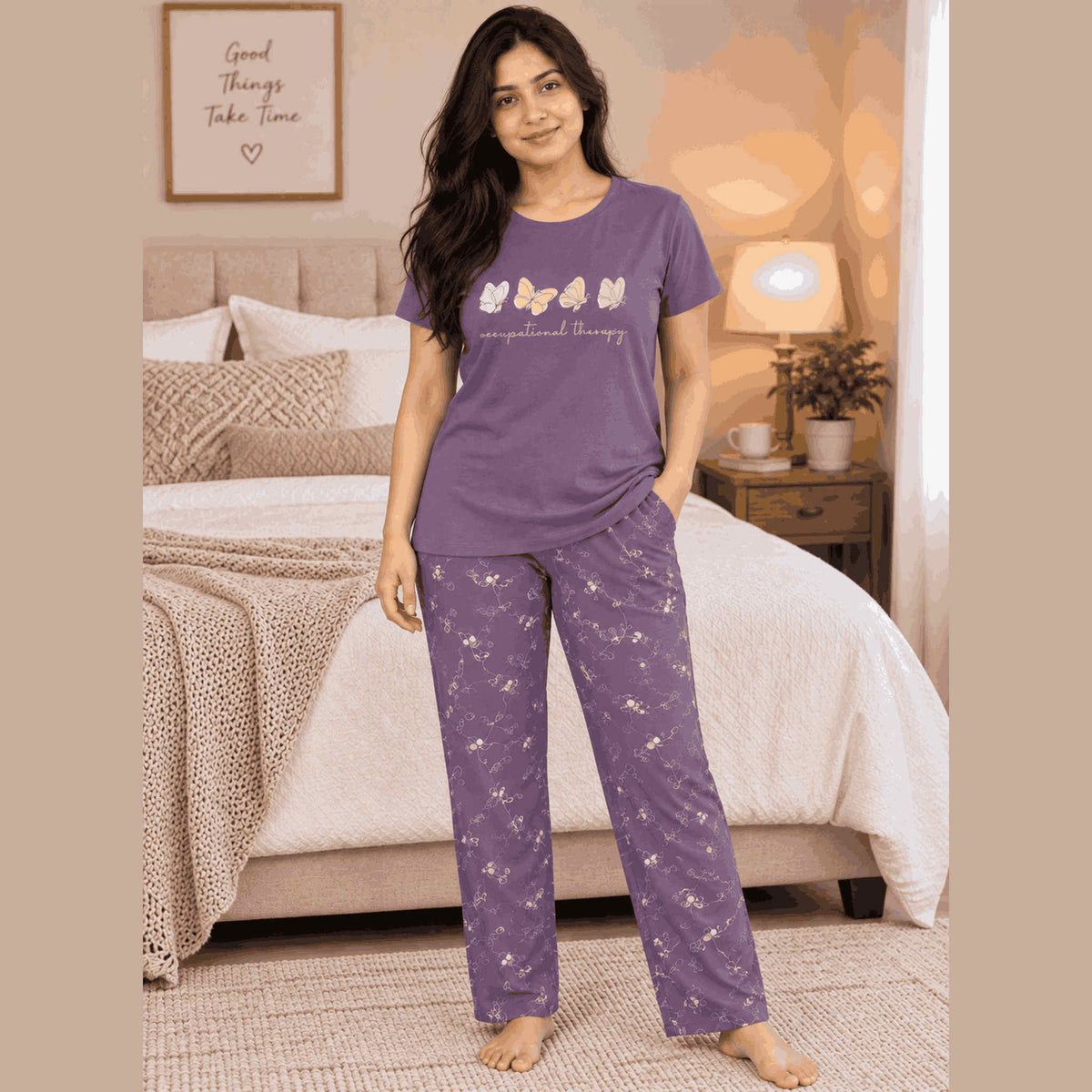 Women's  Cotton Nightsuit Set | Butterfly Print  | Onion Color