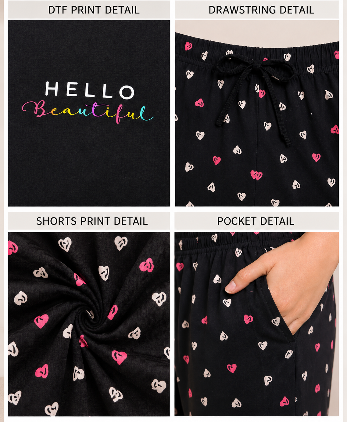 Pure Cotton  Lounge Set — Tee & Shorts | Hello Beautiful Print | Black Color