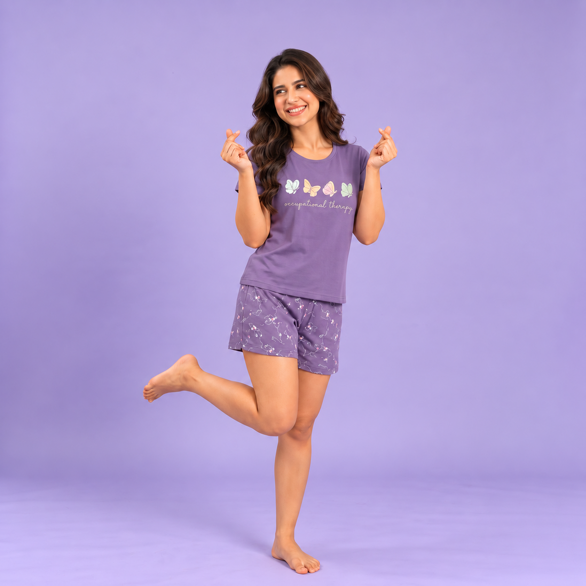 Pure Cotton  Lounge Set — Tee & Shorts | Butterfly Print | Onion Color