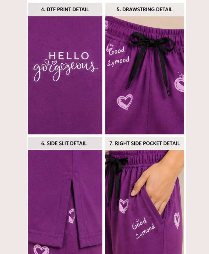 G29Fashion Women's Pure Cotton Nightsuit Set – Hello Gorgeous Print|Purple