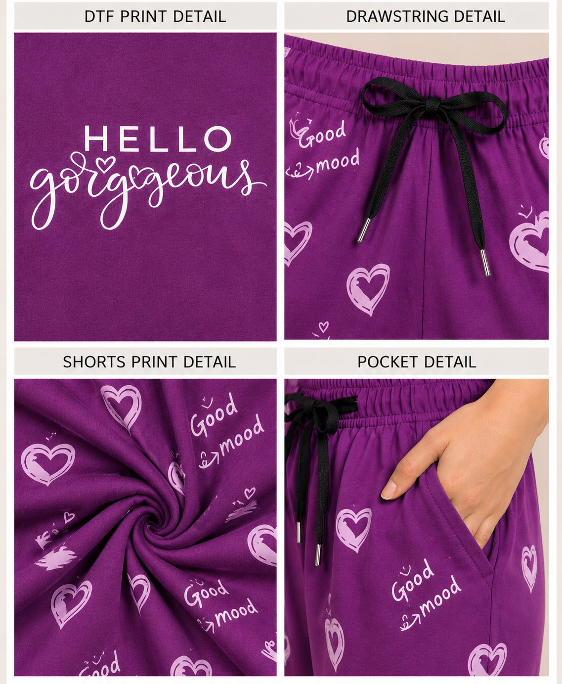 Pure Cotton  Lounge Set — Tee & Shorts | Hello Gorgeous Print | Purple Color