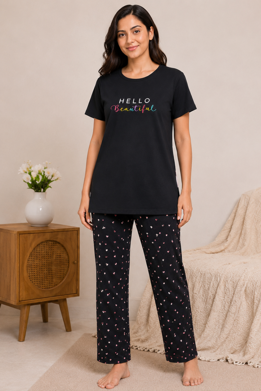 Women's Cotton Nightsuit Set | Hello Beautiful Print | Black Color