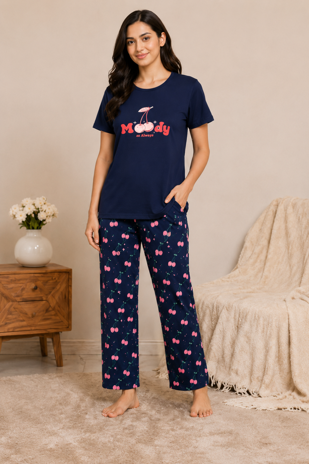 Women's Cotton Nightsuit Set | Moody Print | Blue Color