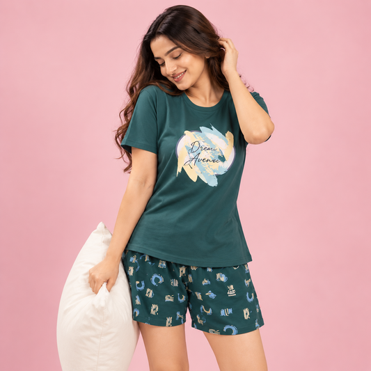 Pure Cotton  Lounge Set — Tee & Shorts | Dream Avenue Print | Greyish GreenColor