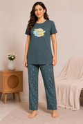 Women's Cotton Nightsuit Set | Dream Avenue Print | Greyish Green Color