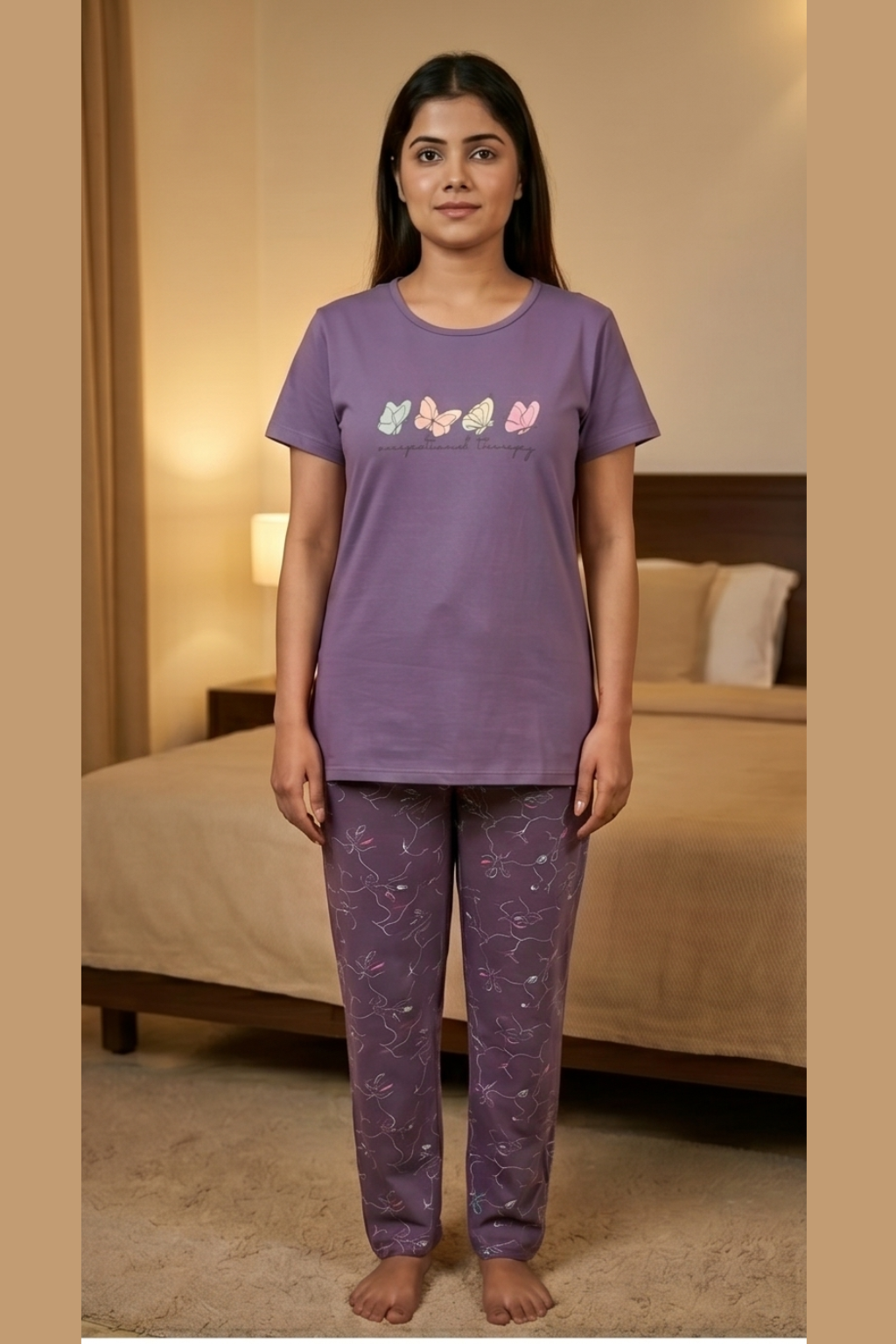 Women's  Cotton Nightsuit Set | Butterfly Print  | Onion Color