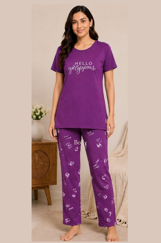 Women's Cotton Nightsuit Set | Hello Gorgeous Print | Purple Color