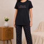 Women's Cotton Nightsuit Set | Hello Beautiful Print | Black Color