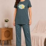Women's Cotton Nightsuit Set | Dream Avenue Print | Greyish Green Color