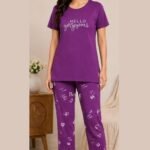 Women's Cotton Nightsuit Set | Hello Gorgeous Print | Purple Color